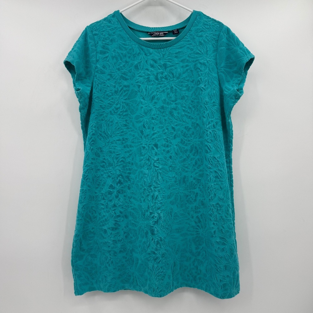 Lands End Dress Women Large Teal Terry Knit Floral Crew Neck Beach Resortwear